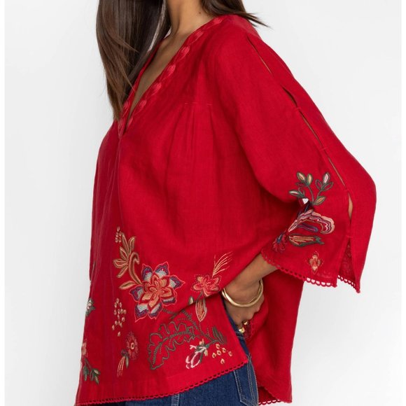 Women Johnny Was Messine V-Neck Top With Side Slits Equestrian Red - Picture 2 of 6